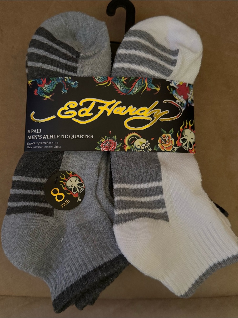 Ed Hardy Men's Athletic Quarter Socks - Gray & White Striped Accents